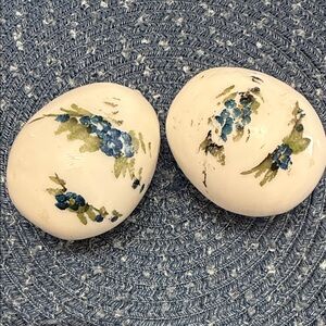 Lot of 2 vtg hand blown white milk glass Easter eggs hand painted blue floral